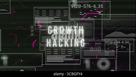 Displaying bold GROWTH HACKING text in digital interface, with translucent panels and neon circuits. Technology, innovation, digital, data visualizati Stock Photo