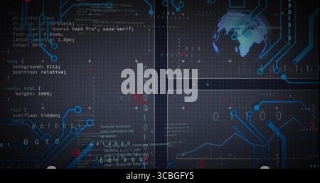 Streaming code and binary digits across central UI panel on software dashboard, with circuit traces. Technology, cybersecurity, data visualization, di Stock Photo
