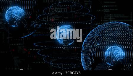 Floating blue point-cloud globe rotating on right in digital network, with binary code, copy space. Digital, futuristic, technology, connectivity, cyb Stock Photo