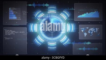 Showing central holographic display rotating in digital interface, with data panels and grid. Futuristic, visualization, technology, immersive, data a Stock Photo