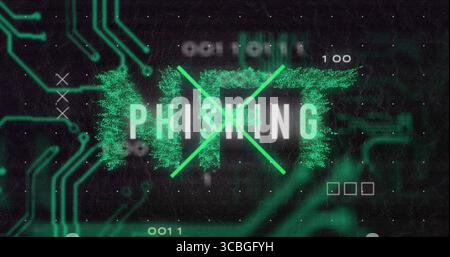 Displaying PHISHING text glitching on dark interface, with neon green X lines and circuit traces. Cybersecurity, digital, technology, network, vulnera Stock Photo