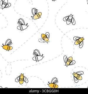 Linear cartoon bees and their tracks seamless pattern. Vector background illustration. Stock Vector