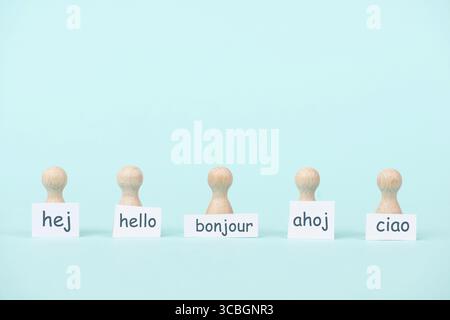 European languages, word hello in different language spoken in Europe, concept of multilingual business and community, multilingualism in the EU Stock Photo
