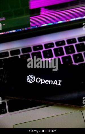 OpenAI logo displayed on a mobile phone screen is seen in this illustration photo taken in Milano, Italy, on February 21 2023 Stock Photo