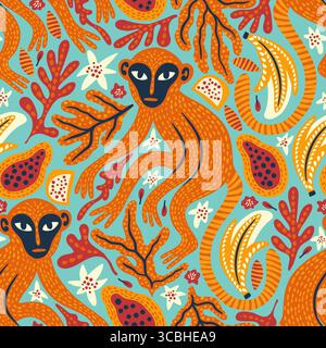 Whimsical Monkeys Exotic Vintage Seamless Vector Jungle Pattern Tropical Animal Botanical Background Ethnic Matisse Style Stock Vector