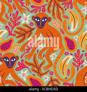 Whimsical Monkeys Exotic Vintage Seamless Vector Jungle Pattern Tropical Animal Botanical Background Ethnic Matisse Style Stock Vector