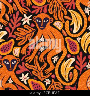 Whimsical Monkeys Exotic Vintage Seamless Vector Jungle Pattern Tropical Animal Botanical Background Ethnic Matisse Style Stock Vector