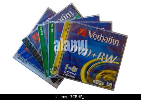 Pile of Verbatim blank DVDs with Verbatim DVD-RW dvd disc on top isolated on white background Stock Photo