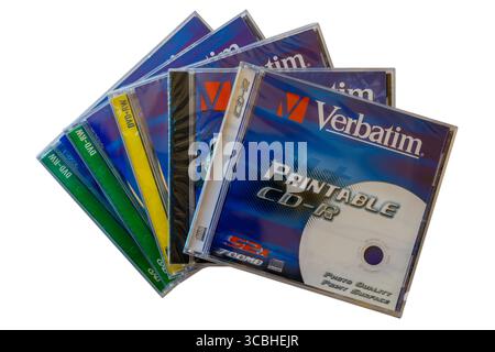 Pile of Verbatim CDs compact discs with Verbatim Printable CD-R cd disc compact disc on top isolated on white background - photo quality print surface Stock Photo