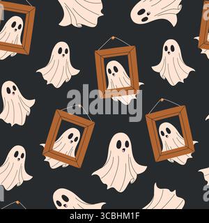 Halloween seamless pattern with ghosts and frames. Stock Vector