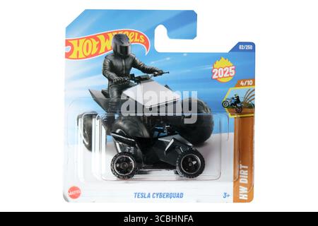 Istanbul, Turkey - August 8, 2025: A Hot Wheels Tesla Cyberquad die cast is isolated on white background. Stock Photo