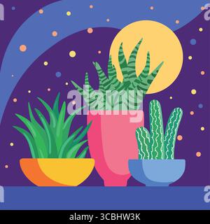 Cactus under the stars with a glowing moon. Decorative pots and stylized plants in a vibrant desert scene. Stock Vector
