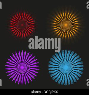 Starburst burst collection. Vector abstract elements. Dynamic radial patterns. Vibrant color splashes. EPS 10. Stock Vector