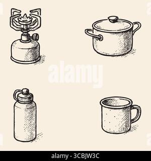 Four hand-drawn camping gear icons: a compact gas stove, lidded cooking pot, metal water bottle, and enamel mug on a warm background. Stock Vector