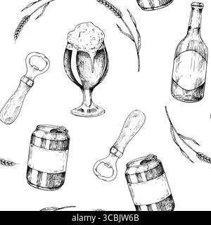 Vector seamless pattern with ear of wheat. Graphic German bottle of beer, bratwurst illustration isolated on background. Hand drawn line sketch. For Stock Vector
