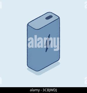 Isometric blue power bank with lightning symbol and shadow, representing mobile charging on the go. Stock Vector