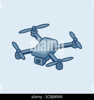 Isometric drone with four propellers and foldable arms in a cool blue palette hovering above a soft shadow. Stock Vector