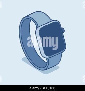 Isometric smartwatch with rectangular screen and silicone strap drawn in muted blue tones. Stock Vector