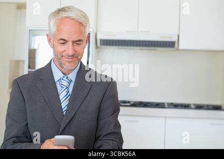 Mature man wearing suit standing in modern kitchen scrolling smartphone near gas stove, copy space. Professional, technology, modern, contemporary, li Stock Photo