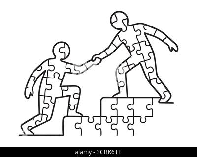 Outline of two puzzle piece figures on white background, one helping the other climb stairs. concept of teamwork, collaboration, partnership, problem- Stock Vector