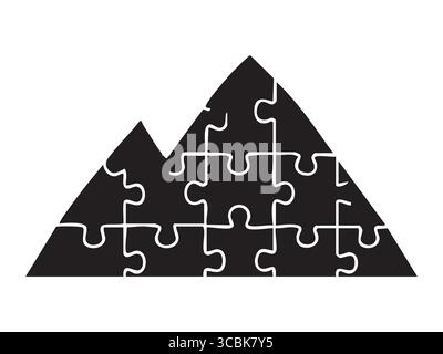 Black silhouette of mountain shaped puzzle pieces fitting together, isolated on white background. concept of problem solving, strategy, challenge, lei Stock Vector