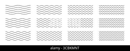Wavy squiggle and zigzag line set with abstract ripple patterns. Fluid curves, jagged strokes and sine elements create seamless waves for stylish divi Stock Vector