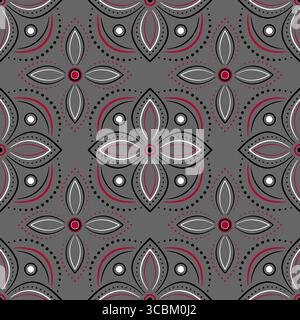 Folklore seamless pattern. Black red floral elements on gray background. Plant ornate ornament in traditional country style. Ornamental background of Stock Vector