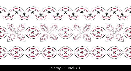 Ethnic vintage seamless border set. Black red floral elements on white background. Plant ornament in traditional country style. Ornamental background Stock Vector