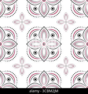 Folklore seamless pattern. Black red floral elements on white background. Plant ornate mandala vector illustration. Ornamental background of geometry Stock Vector