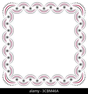 Folklore ornamental frame. Black red shapes on white background. Pattern of curve lines and rounds. Square geometry ornament in country style. Boho de Stock Vector