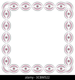 Folklore ornamental frame. Black red shapes on white background. Pattern of curve lines and rounds. Square geometry ornament in country style. Frame w Stock Vector