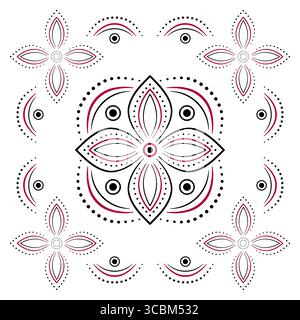Folklore ornamental design element. Black red floral elements on white background. Plant ornate mandala vector illustration. Square geometry ornament Stock Vector