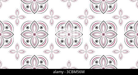 Ethnic geometry seamless patterns. Black red floral elements on white background. Plant ornament in traditional country style. Ornamental background o Stock Vector
