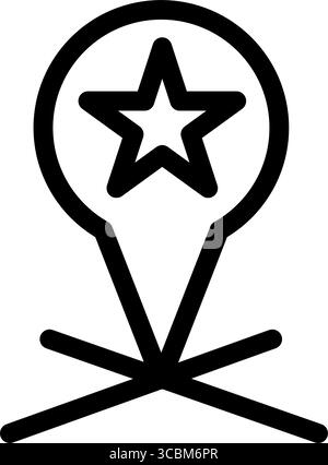 This black and white icon represents an important starred location marked with crossed sticks, symbolizing a significant spot or event. Stock Vector