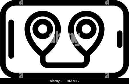 This bold line icon illustrates a route planning application on a mobile phone, showcasing two destination pins connected by a calculated path. Stock Vector