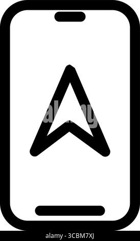 A simple black and white icon depicts a smartphone displaying a navigation arrow pointing upwards, suggesting direction and guidance within a mobile a Stock Vector