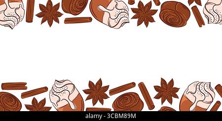 Horizontal frame with cinnamon roll cupcake, star anise, coffee mug and sticks in flat style. Perfect for bakery package, recipe book, cafe menu and Stock Vector