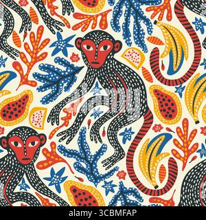 Whimsical Monkeys Exotic Vintage Seamless Vector Jungle Pattern Tropical Animal Botanical Background Ethnic Matisse Style Stock Vector