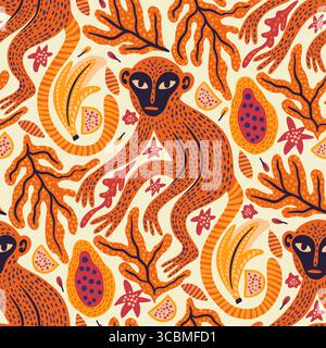 Whimsical Monkeys Exotic Vintage Seamless Vector Jungle Pattern Tropical Animal Botanical Background Ethnic Matisse Style Stock Vector