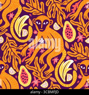 Whimsical Monkeys Exotic Vintage Seamless Vector Jungle Pattern Tropical Animal Botanical Background Ethnic Matisse Style Stock Vector