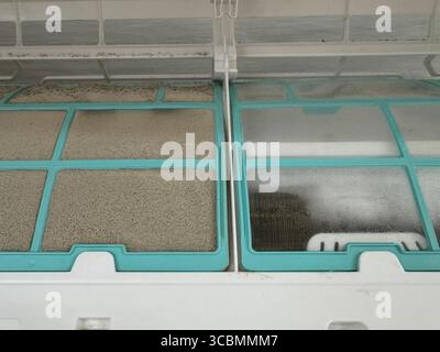 Close-up of a before and after comparison showing the impact of proper air conditioner filter maintenance ,emphasizing improved air quality, health Stock Photo