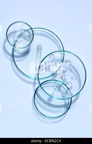 Abstract cosmetic laboratory. Chemical laboratory research. Cosmetic Essence. Glass Lab Setup Stock Photo