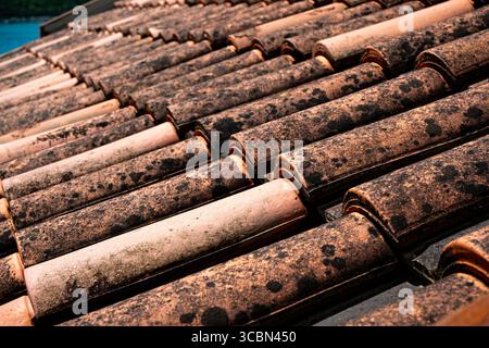Terracotta roof tiles displayed under sunlight, showcasing a rustic aesthetic. Stock Photo