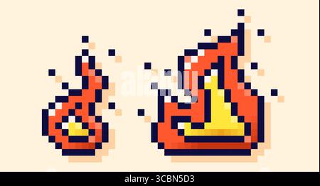 An 8-bit colored fire drawn in pixel art style. Stock Vector