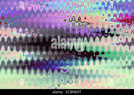 Colorful abstract illustration with multicolored wavy lines and distorted reflections. Digital pattern with psychedelic and glitch aesthetic. Stock Photo