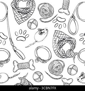 Seamless vector pattern of pet accessories, collars, leashes, dog toys, balls, bones, balls of thread for cats. All objects are hand-drawn with ink Stock Vector