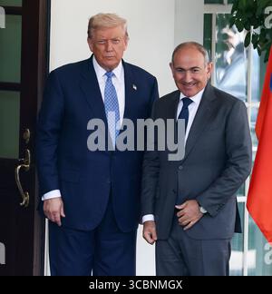 Washington, DC, United States. 08th Aug, 2025. US President Donald Trump greets Prime Minister of Armenia Nikol Pashinyan at the White House on August 8, 2025 in Washington, DC. The meeting is taking place ahead of a Trilateral meeting between President Trump, Prime Minister of Armenia Nikol Pashinyan and President of Azerbaijan Ilham Aliyev at the White House on August 8, 2025 in Washington DC. Photo by Jemal Countess/UPI Credit: UPI/Alamy Live News Stock Photo