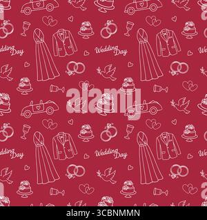 Wedding seamless pattern with line icons on red background. Wedding illustrations seamless pattern. Pattern with Wedding rings, brides dress, grooms outfit, doves. Background for weddings, valentines day, love theme. Vector illustration Stock Vector