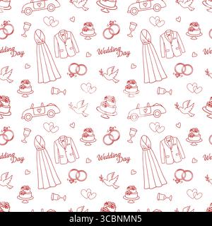 Wedding seamless pattern with line icons. Wedding illustrations seamless pattern. Pattern with Wedding rings, brides dress, grooms outfit, doves. Red icons. Background for weddings, valentines day, love theme. Vector illustration Stock Vector