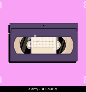 Retro video cassette icon in flat style isolated on pink background. VHS videotape with empty label sticker. Vintage object from 90s Stock Vector